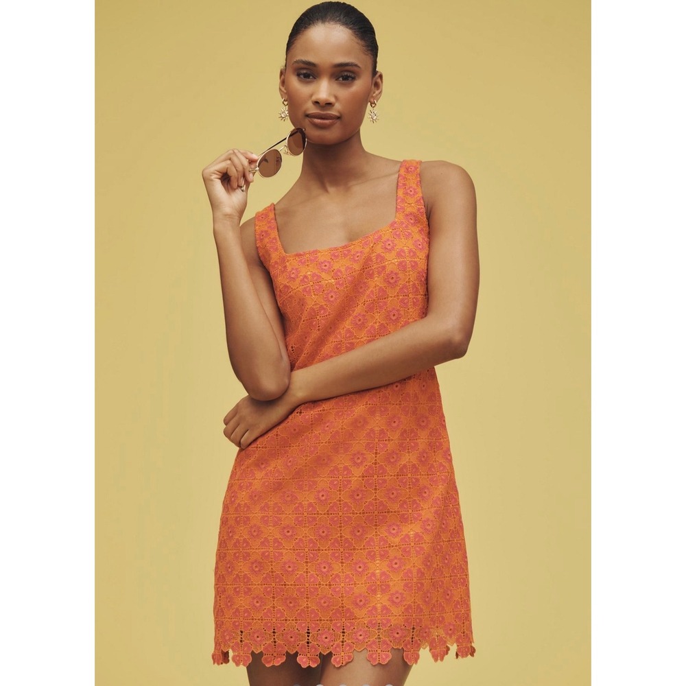 NWT Maeve Anthropologie square neck mini shift dress Pink orange Crochet lace L